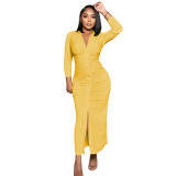 Solid Color V Neck Ruched Maxi Dress