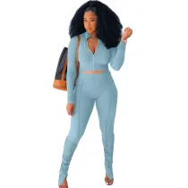 Solid Color Long Sleeve Sets Stacked Sweat Suits Women Pleated 2 Piece Set Clothing