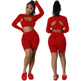 Red Solid Color Sports Long Sleeves Shawl Vest & Shorts 3 Piece Set