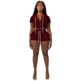 Solid Dark Brown Zipper Cardigan Hooded Cropped Two-Piece Short Summer Set
