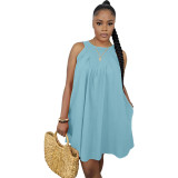 Light Blue Solid Color Sleeveless Crew Neck Pleated Cotton Mini Dress with Pocket