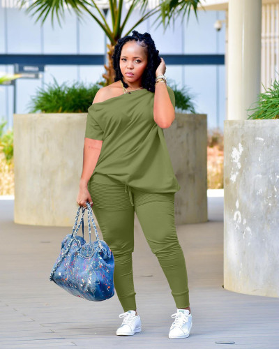 2022 Summer Loose Army Green Slanted Shoulder Breasted Shirring Two Pieces Sets