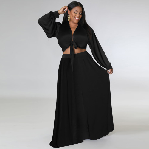 Black Plus Size Loose Long Sleeve Swing Skirt Set