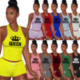 Casual Pink Queen Print Sleeveless Sports Vest and Shorts Set