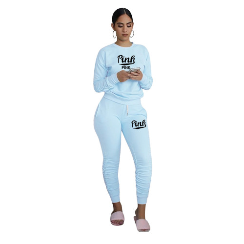 Casual Print Letter Pleated Sweatpants Two Piece with Pockets