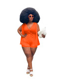 Casual Solid Orange Split Joint V Neck Sleeveless Plus Size Rompers with Belted