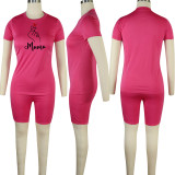 Mother's Day Heart Print Sports Shorts Set Two Piece - Rose