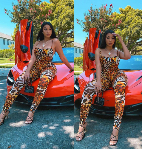 Summer Clothing Leopard Print Sleeveless Strap Jumpsuit