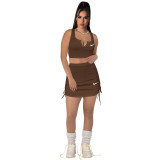 High Elastic Cotton Pit V Neck Low-cut Drawstring Embroidery Skirt Set