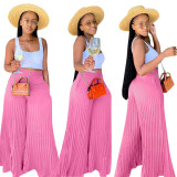 Pink Casual Solid Pleated Mid Waist Wide Leg Pants