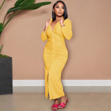 Solid Color V Neck Ruched Maxi Dress