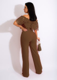 Women Slim Ruffle Off Shoulder Short Sleeve Solid Long Pants Jumpsuit with Belt