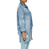 Hole Distressed Plus Size Denim Button Jacket