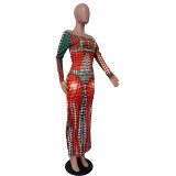 Casual Digital Printed Off Shoulder Long Sleeve Maxi Dress