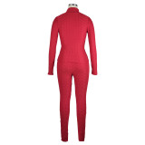 Red Jacquard Pineapple Stand-up Collar Zipper Two Piece Women Clothing Sets without Mask