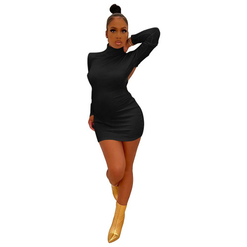 Solid Black Elastic Cotton Backless Nightclub Sexy Dress