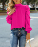 Women Bow Back Stand Neck Puff Long Sleeve Blouses Tops