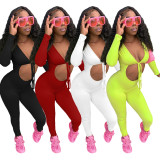 Solid Color Autumn Lace-up Cutout Jumpsuit