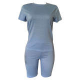 Solid Color Short Sleeve Two Piece Shorts Set