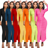 Solid Color V Neck Ruched Maxi Dress