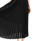 Summer Black Chiffon Double Tie Sleeveless Long Pleated Dress
