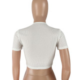 White Stretch Thread Alphabet Print Cropped T-shirt
