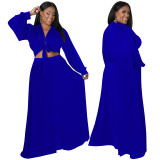Blue Plus Size Loose Long Sleeve Swing Skirt Set