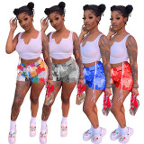 Casual Printed Drawstring Vest Crop Top and Patchwork Short
