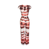 Casual Printed Tie-dye Bandage Two Piece Set with Wide-leg