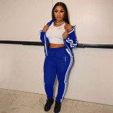 New Sporty Women Long Sleeve Collared Striped Drawstring Casual Stitching Printed 2pcs