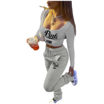 Grey Casual Printed Letter Stacked Sweatpants Set Women Casual Jogger Trousers Thick Warm Ruched Two Pieces