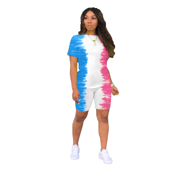 Fashion Color Matching Printed Two Piece Shorts Set