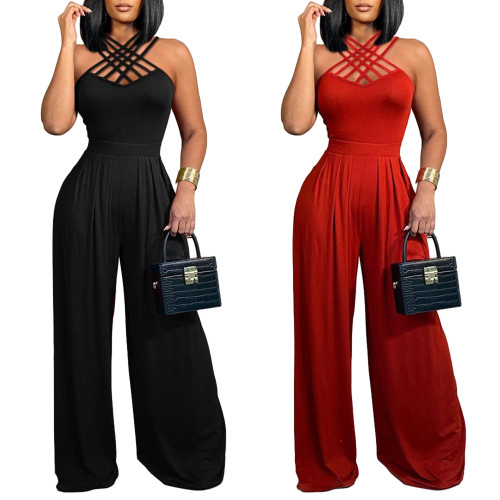 Fashion Sexy Multi-strap Cross Wide-leg Jumpsuit