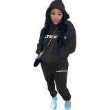 Casual Letter Pyrography Velvet Drawstring Kangaroo Pocket Hoodie & Pants Set