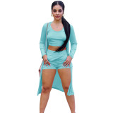 Casual Solid Blue Sky Ribbed Crop Vest Top Short And Cardigan 3 Pieces Set
