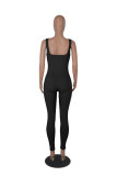Solid Color Ribbed Sleeveless Square Neck Backless Tank Jumpsuit