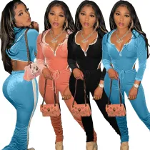 Women's Velvet 2 Piece Tracksuit Zip Up Hoodie Stacked Pants Set Sweat Suits
