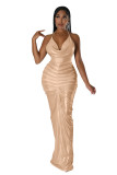 Solid Color Deep V Halter Stacked Maxi Dresses