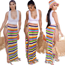Sexy Color Block Fringe Hem Crochet Cover Up Skirt
