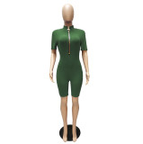 Solid Color High Neck Zipper Romper