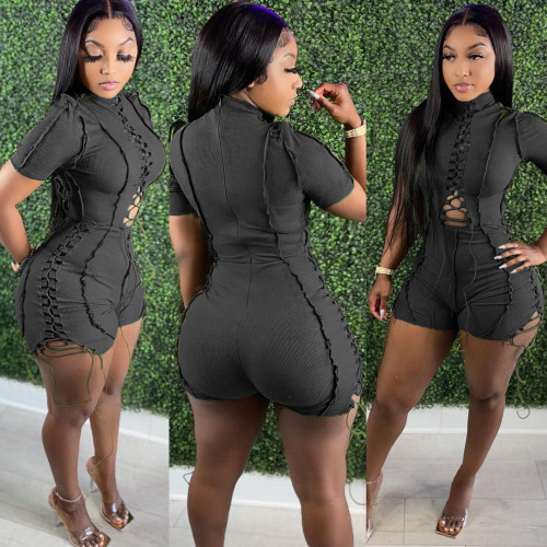 Casual Bandage Drawstring Frayed Short Jumpsuit