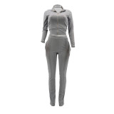Solid Color Turn-down Neck Sports 2 Piece Set