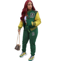 Green Air Layer Baseball Suit Buttons Printed Letter Two Piece Outfits