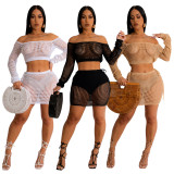 Holiday Sunscreen Beachwear Hollow Knitting Off Shoulder Skirt Set
