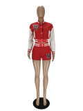 Red/White Air Layer Letter Print Women Fall Two Piece Set Sweatshirt Crop Jacket Top Shorts Sports Baseball Uniform