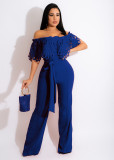 Women Slim Ruffle Off Shoulder Short Sleeve Solid Long Pants Jumpsuit with Belt