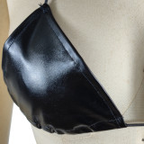 Black Solid Color Stretch PU Bra Shorts Set Two Pieces
