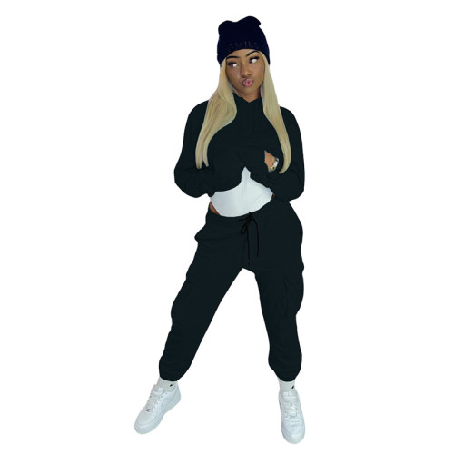 Solid Color Multi Pocket Hoodie Sports Pant Set