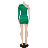 Reflective Pleated Slanted Single Shoulder Cross Dress