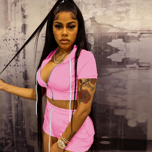 Pink Solid Zip Up Cardigan Cropped Hooded Two Piece Short Set